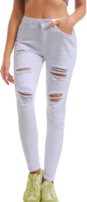 Women's Slit Knee High Waisted Jeans Ripped Knee Skinny Jean Slim Stretch Pencil Pants Jegging