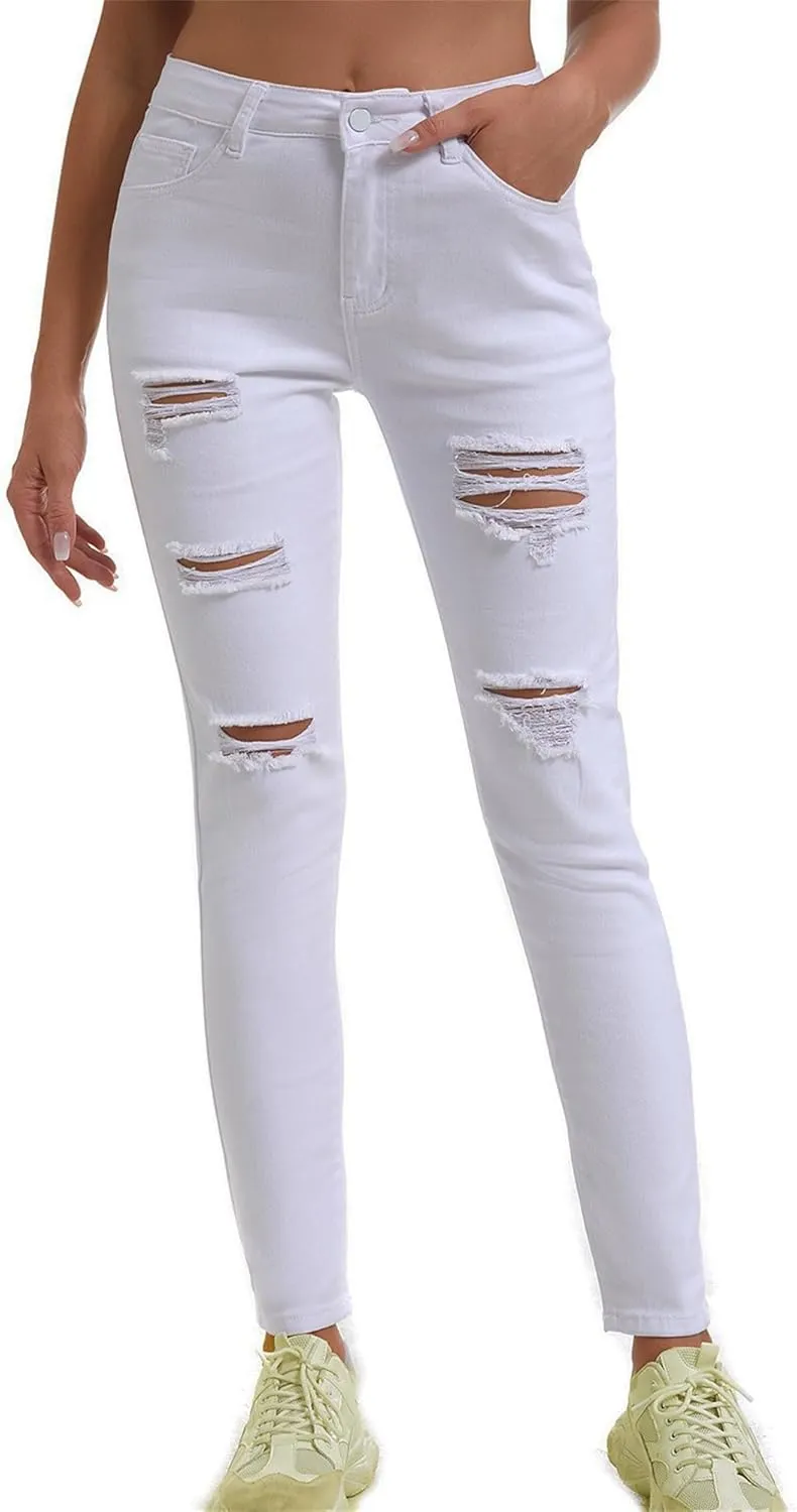 Women's Slit Knee High Waisted Jeans Ripped Knee Skinny Jean Slim Stretch Pencil Pants Jegging