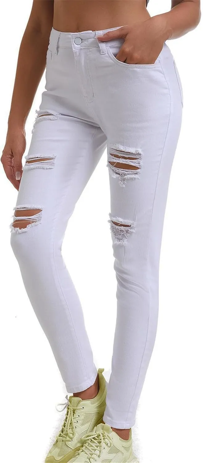 Women's Slit Knee High Waisted Jeans Ripped Knee Skinny Jean Slim Stretch Pencil Pants Jegging