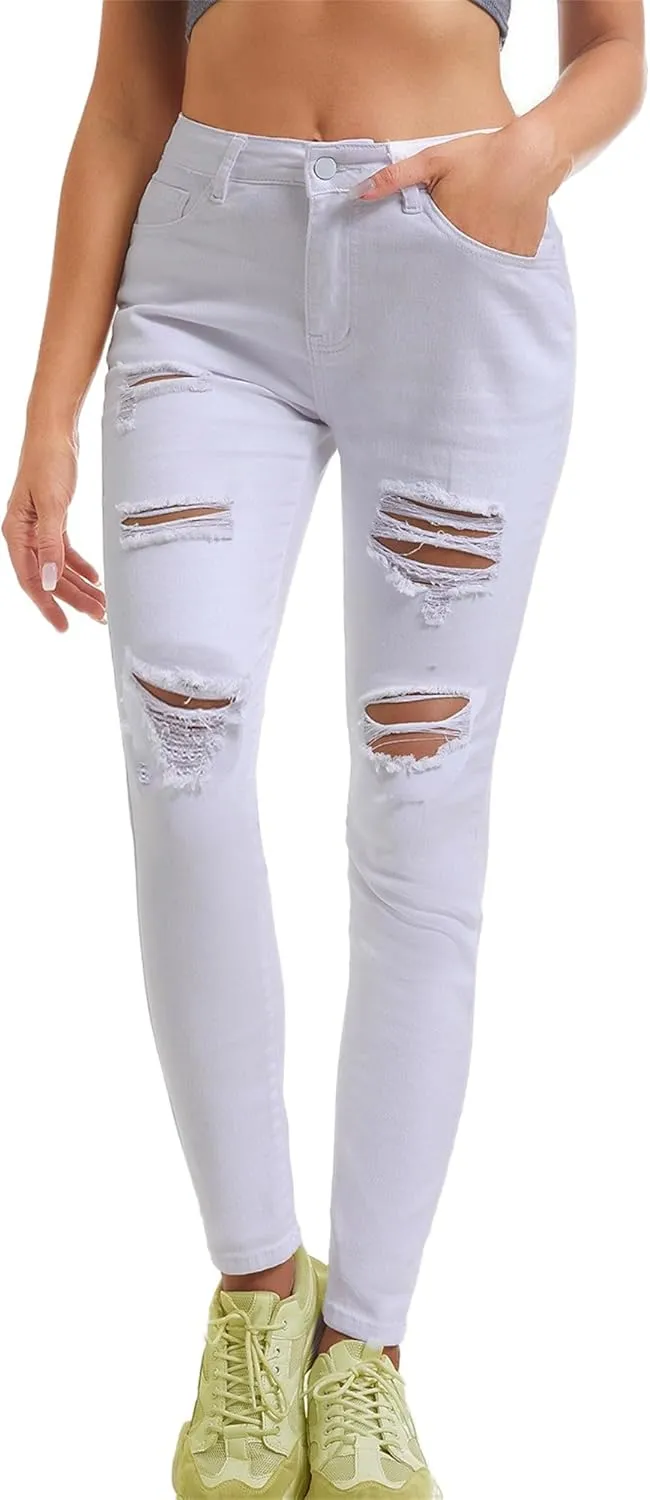 Women's Slit Knee High Waisted Jeans Ripped Knee Skinny Jean Slim Stretch Pencil Pants Jegging