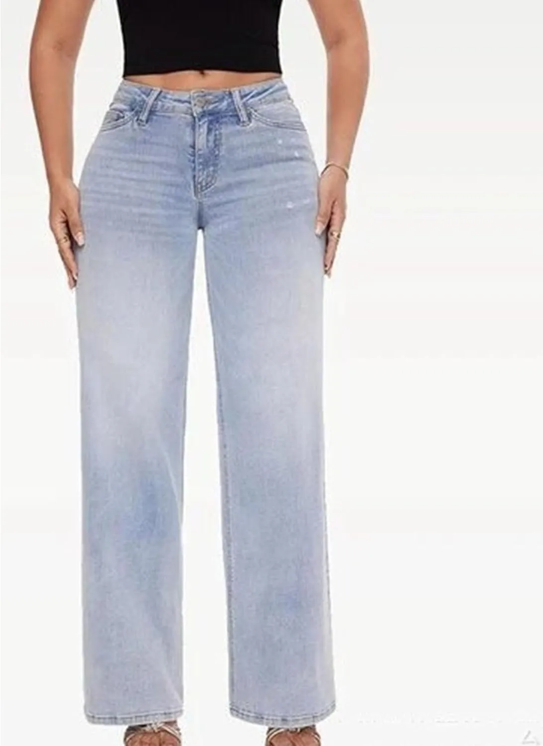 Women's Straight Stretch Wide Leg Pants Business Casual High Waist Jeans Slim Fit Fashion Retro Loose Solid Color