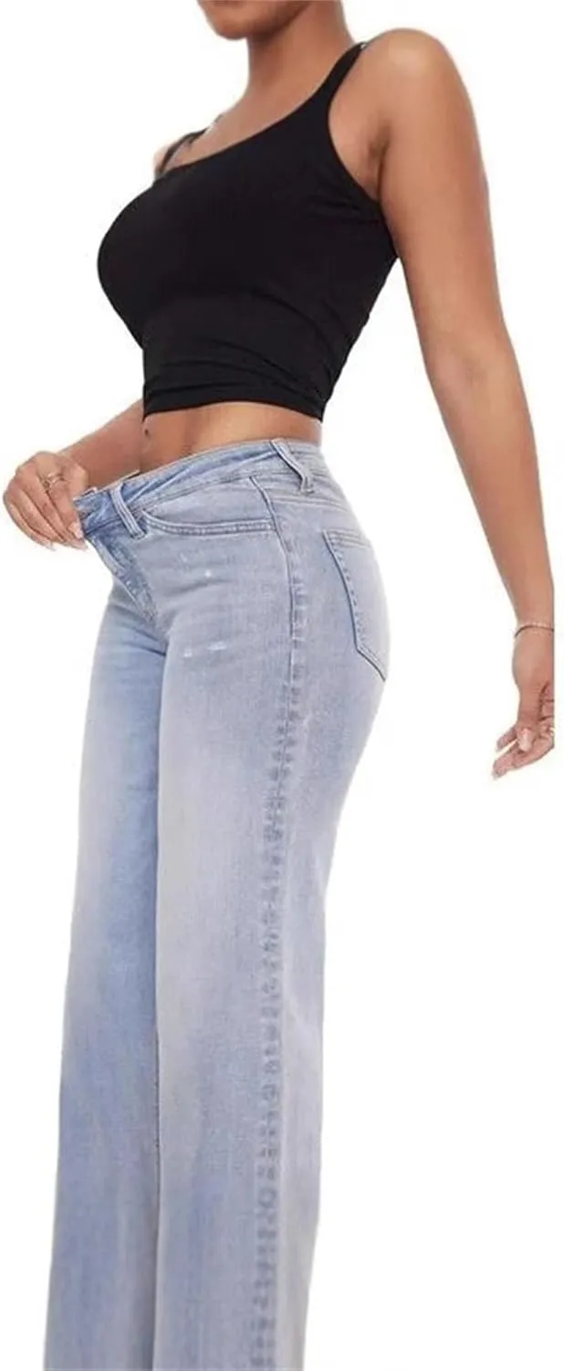Women's Straight Stretch Wide Leg Pants Business Casual High Waist Jeans Slim Fit Fashion Retro Loose Solid Color