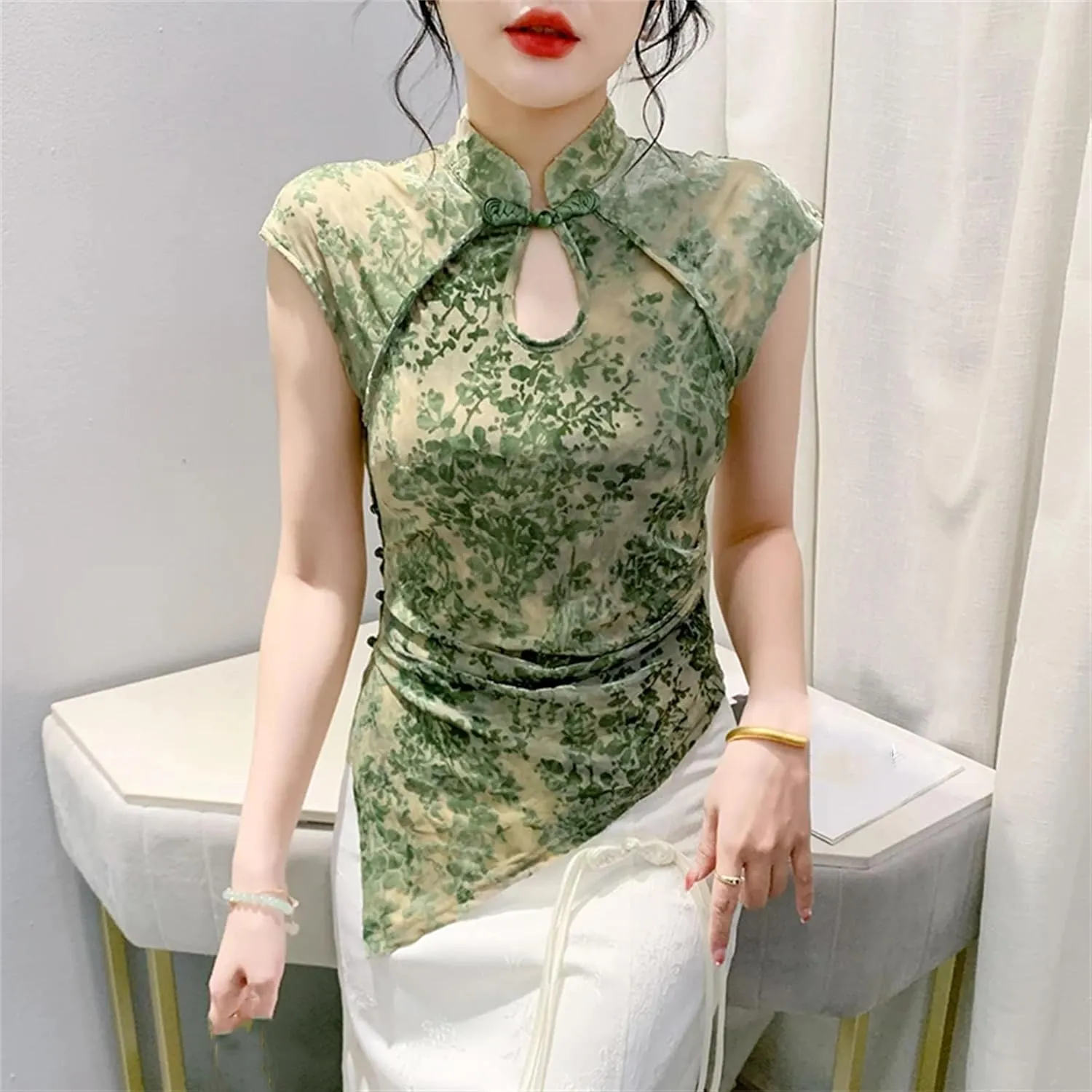 Women's Stretchy Mandarin Collar T-Shirt Breathable Asymmetrical Summer Top Elegant Cap Sleeve Wedding Guest Blouse