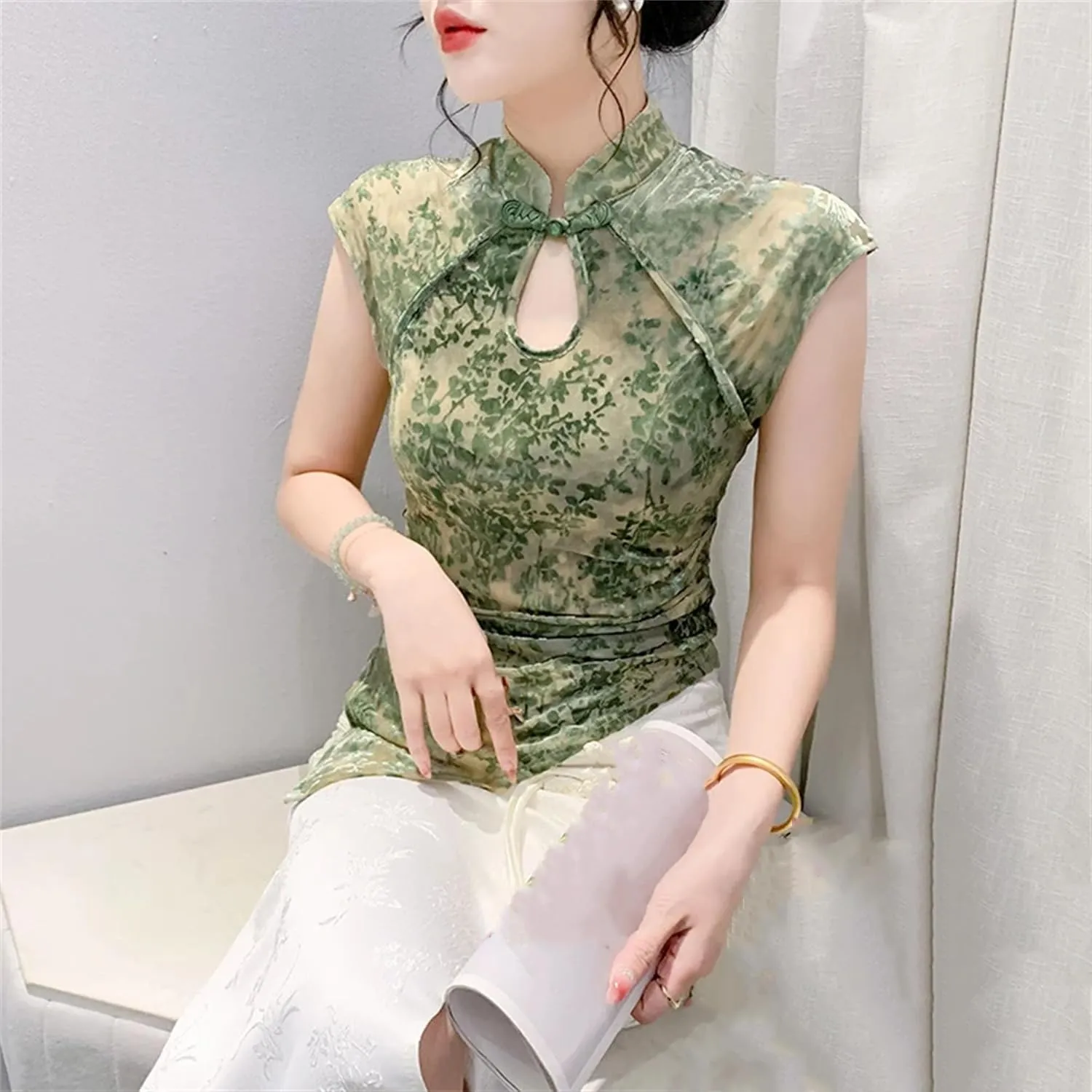 Women's Stretchy Mandarin Collar T-Shirt Breathable Asymmetrical Summer Top Elegant Cap Sleeve Wedding Guest Blouse