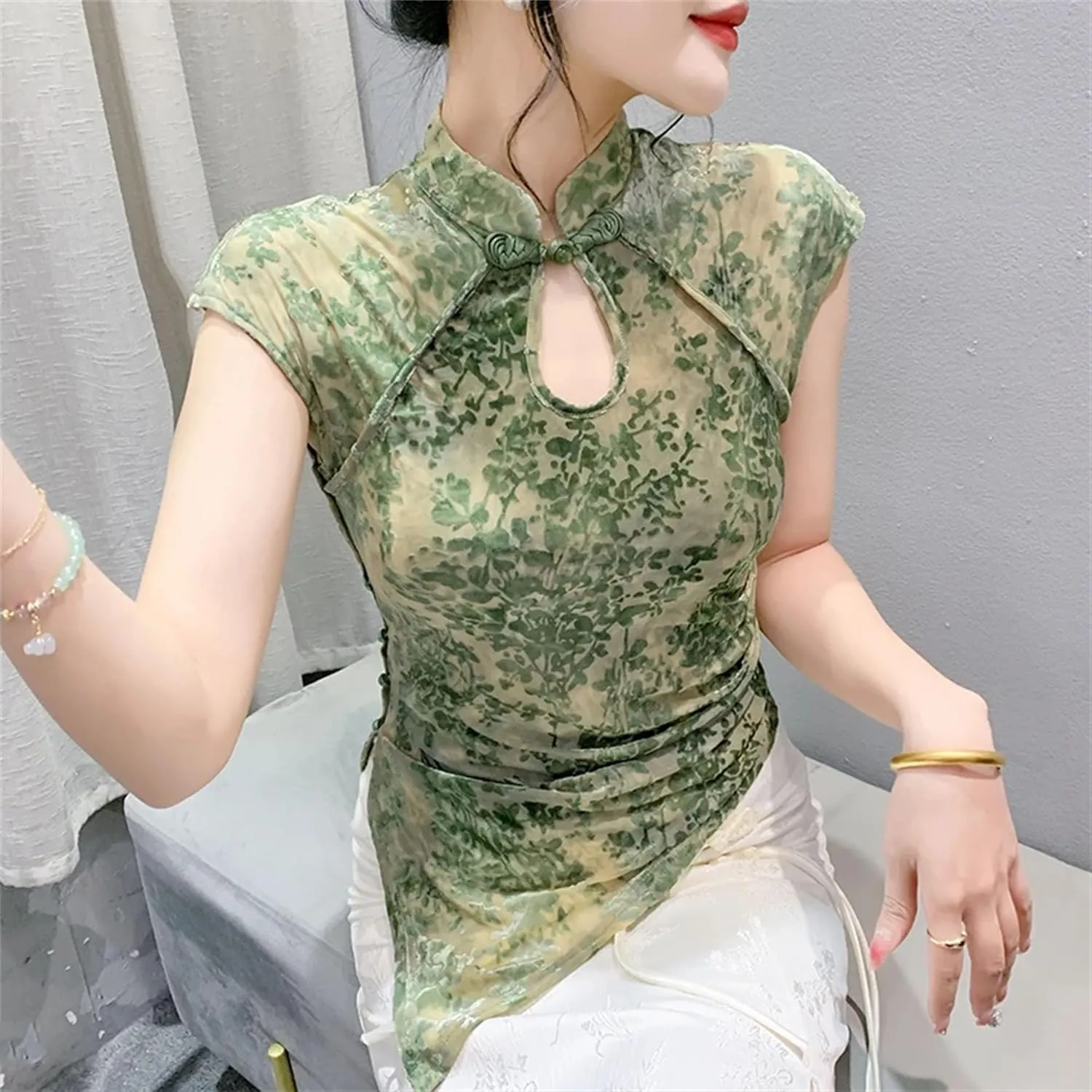 Women's Stretchy Mandarin Collar T-Shirt Breathable Asymmetrical Summer Top Elegant Cap Sleeve Wedding Guest Blouse