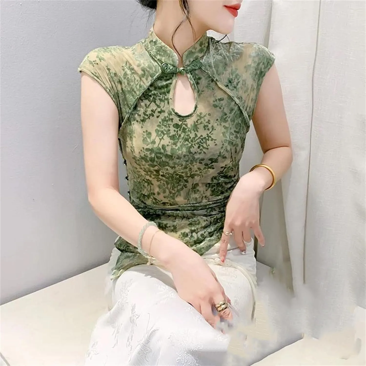 Women's Stretchy Mandarin Collar T-Shirt Breathable Asymmetrical Summer Top Elegant Cap Sleeve Wedding Guest Blouse