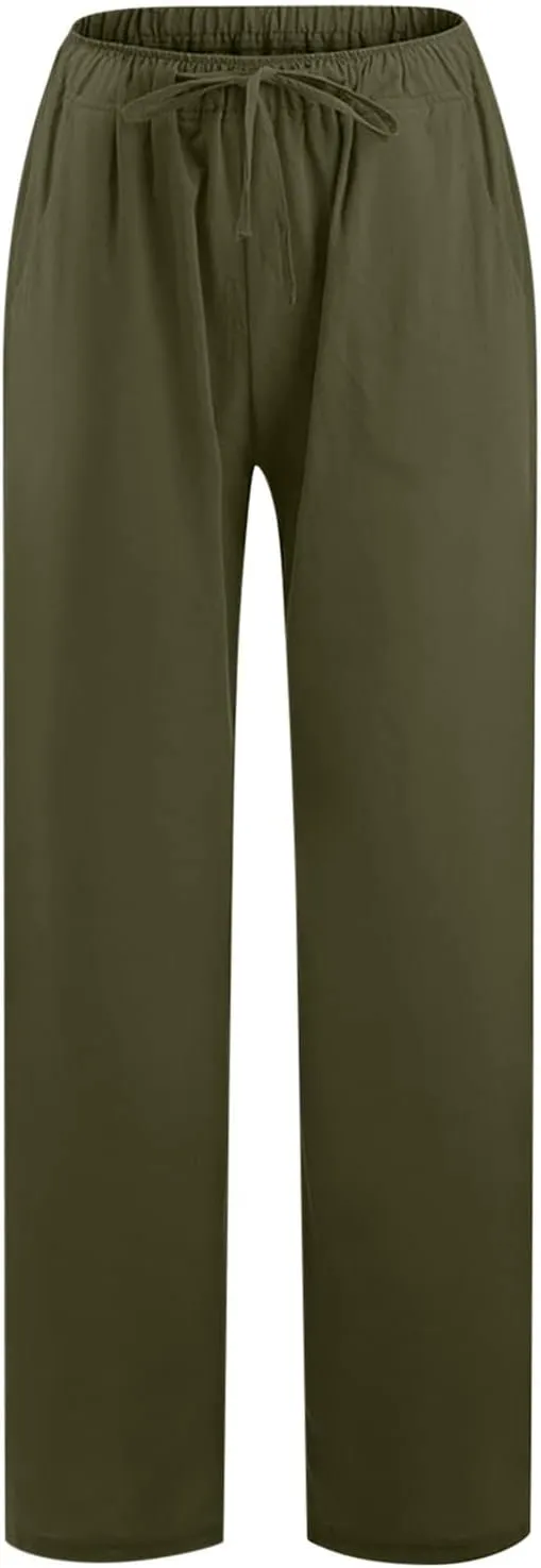 Womens Summer Cotton Linen Pants High Waist Casual Wide Leg Long Palazzo Pants Loose Boho Beach Trousers