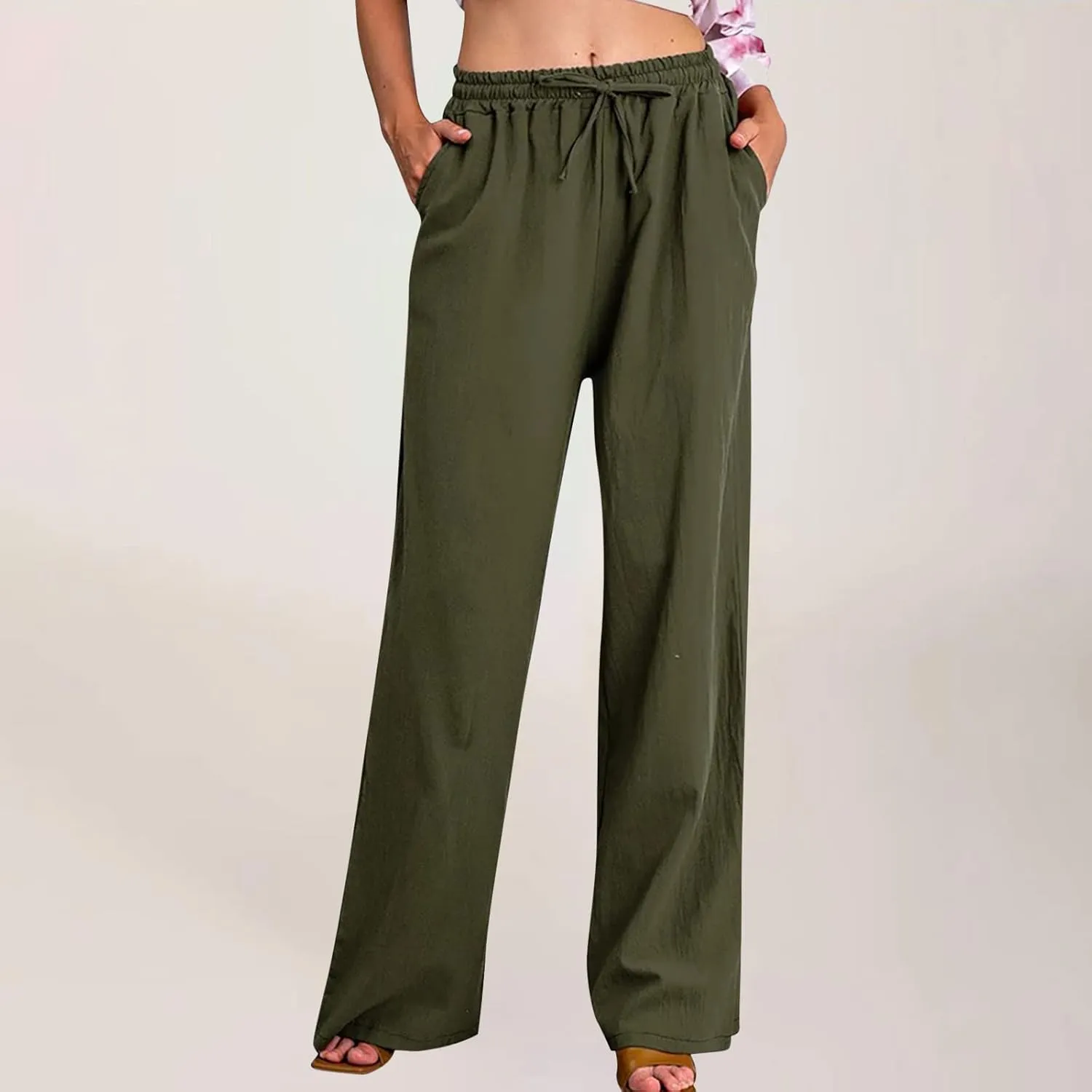 Womens Summer Cotton Linen Pants High Waist Casual Wide Leg Long Palazzo Pants Loose Boho Beach Trousers