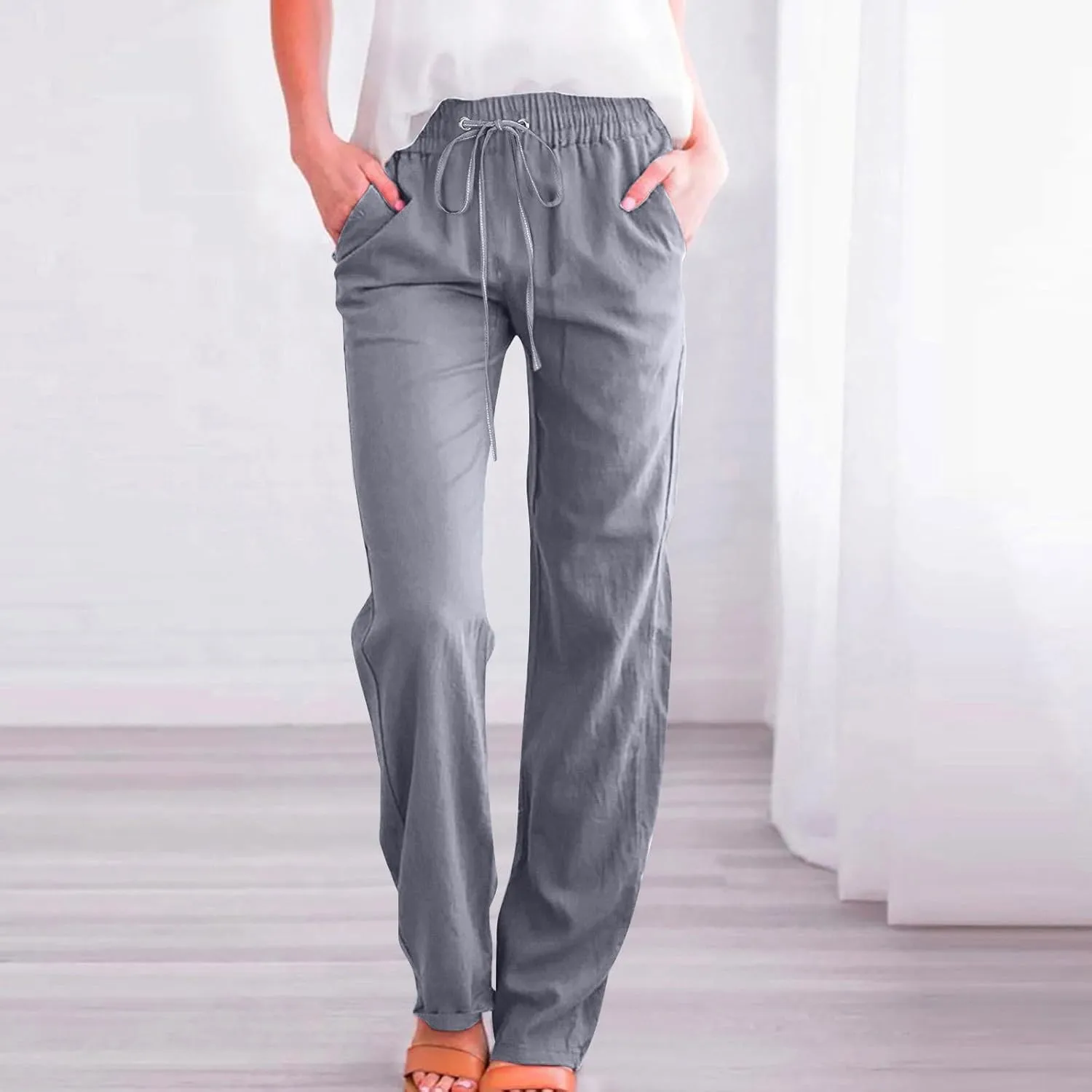 Women's Summer Drawstring Waist Wide Leg Trousers Fashion Solid Color Loose Cotton Linen Pants Casual Pockets Pants