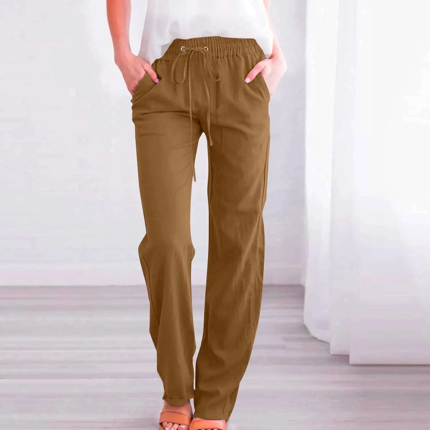 Women's Summer Drawstring Waist Wide Leg Trousers Fashion Solid Color Loose Cotton Linen Pants Casual Pockets Pants