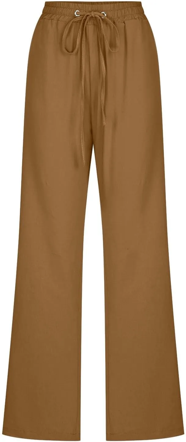 Women's Summer Drawstring Waist Wide Leg Trousers Fashion Solid Color Loose Cotton Linen Pants Casual Pockets Pants