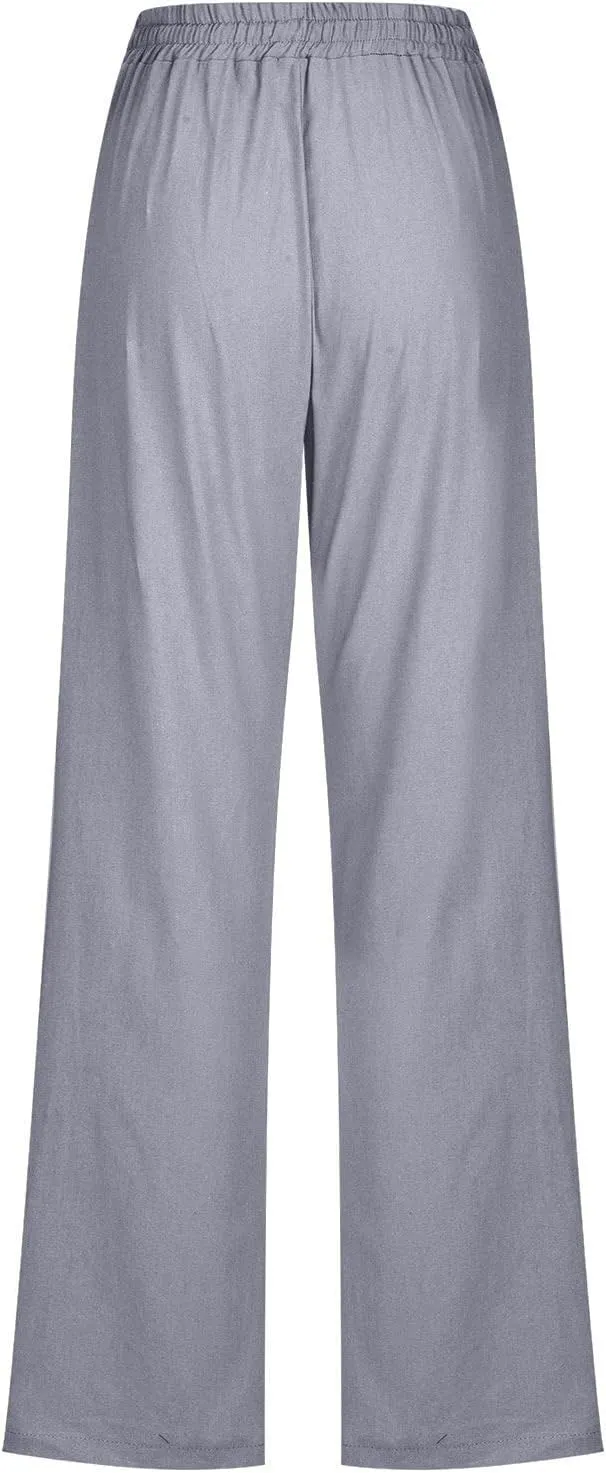 Women's Summer Drawstring Waist Wide Leg Trousers Fashion Solid Color Loose Cotton Linen Pants Casual Pockets Pants