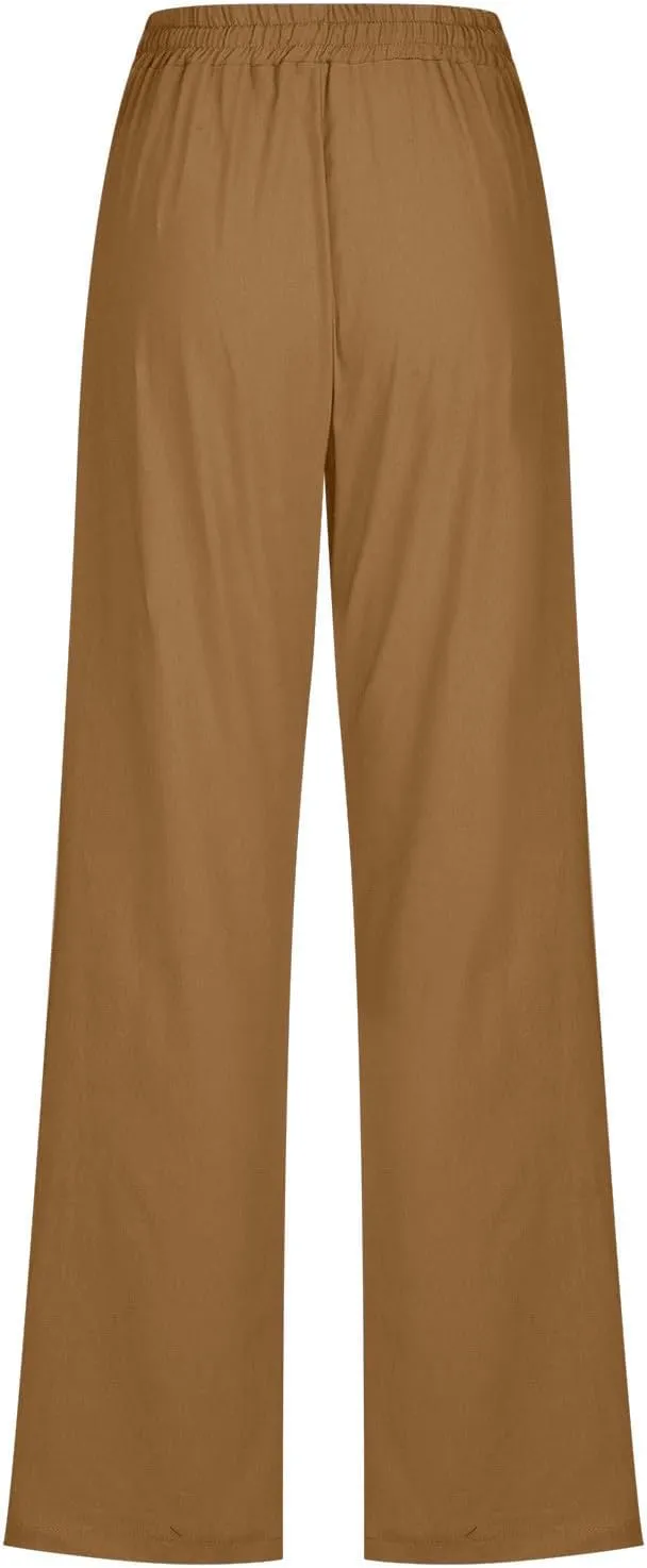 Women's Summer Drawstring Waist Wide Leg Trousers Fashion Solid Color Loose Cotton Linen Pants Casual Pockets Pants