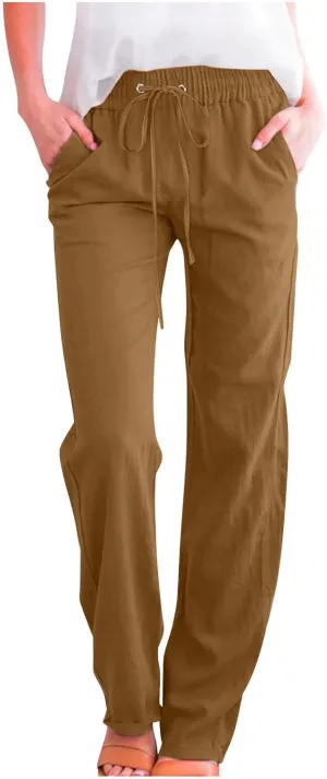 Women's Summer Drawstring Waist Wide Leg Trousers Fashion Solid Color Loose Cotton Linen Pants Casual Pockets Pants
