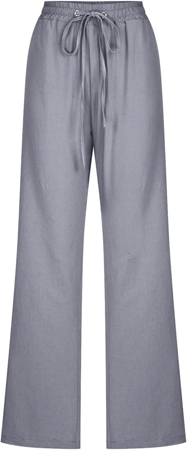 Women's Summer Drawstring Waist Wide Leg Trousers Fashion Solid Color Loose Cotton Linen Pants Casual Pockets Pants