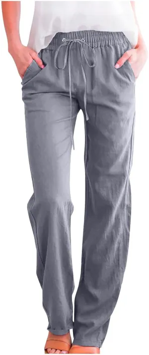 Women's Summer Drawstring Waist Wide Leg Trousers Fashion Solid Color Loose Cotton Linen Pants Casual Pockets Pants