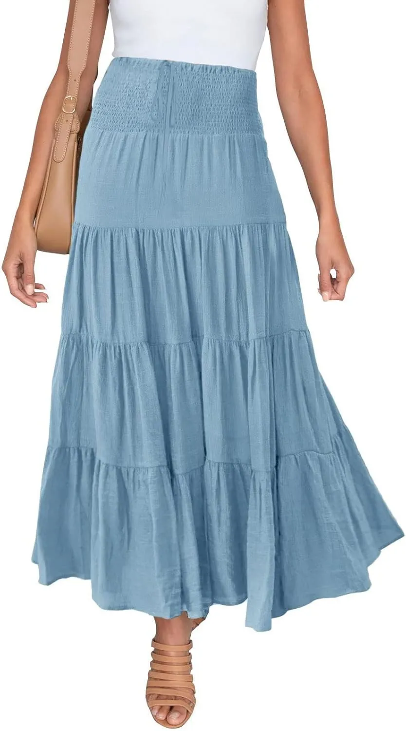 Women's Summer Flowy Boho Maxi Skirt Elastic High Waisted Ruffle Tiered Vacation A Line Flowy Casual Beach Long Skirts