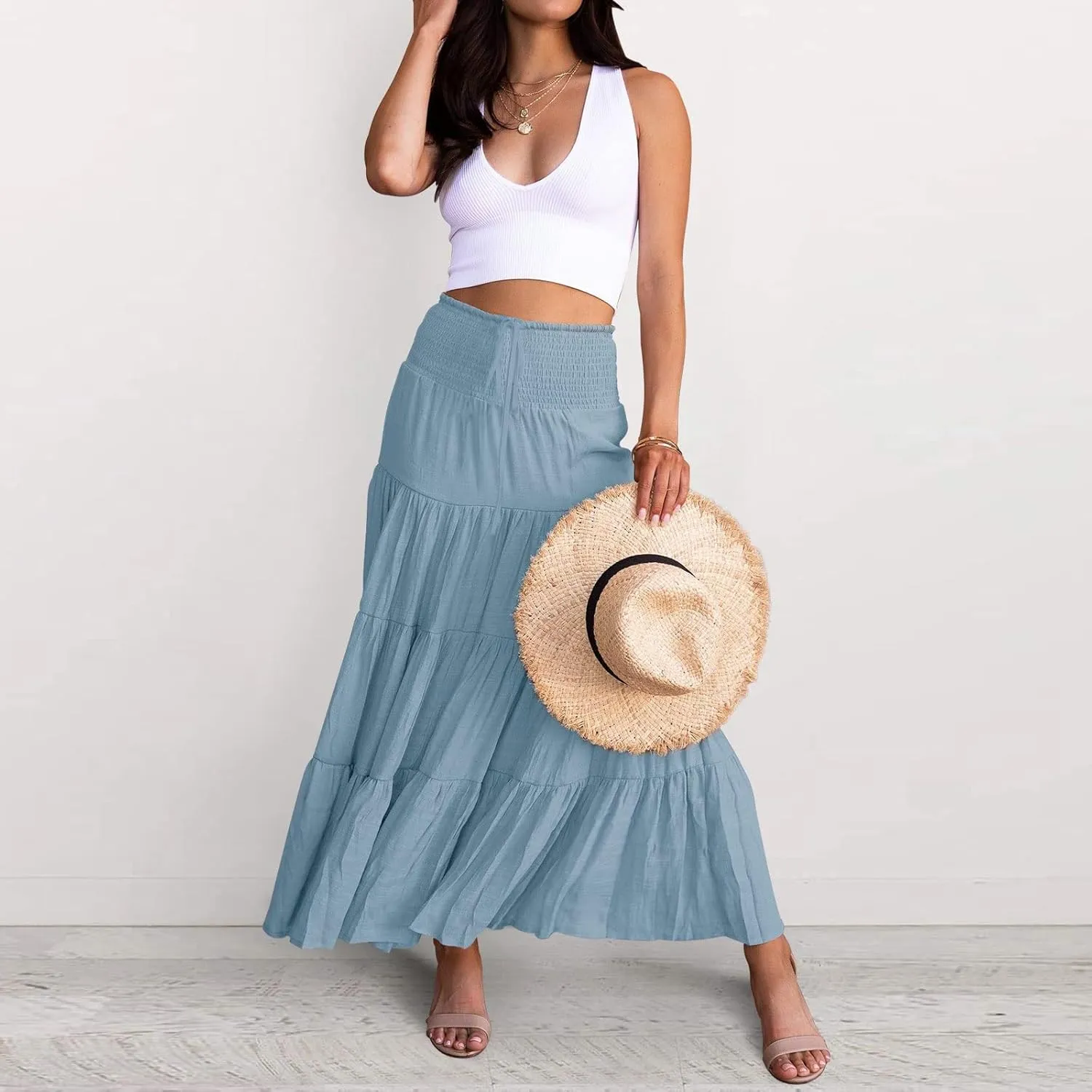 Women's Summer Flowy Boho Maxi Skirt Elastic High Waisted Ruffle Tiered Vacation A Line Flowy Casual Beach Long Skirts
