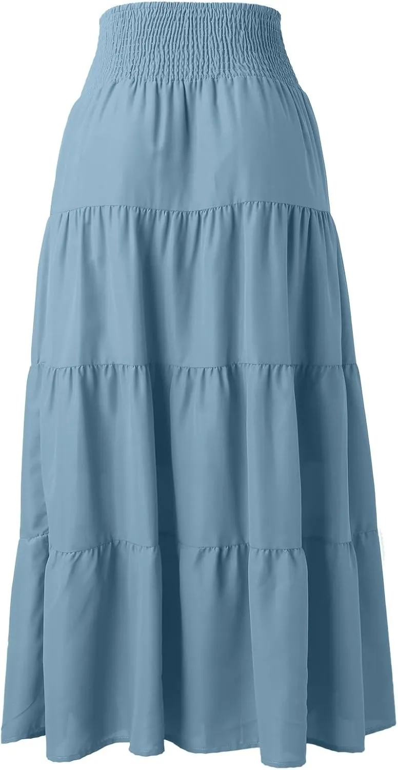 Women's Summer Flowy Boho Maxi Skirt Elastic High Waisted Ruffle Tiered Vacation A Line Flowy Casual Beach Long Skirts