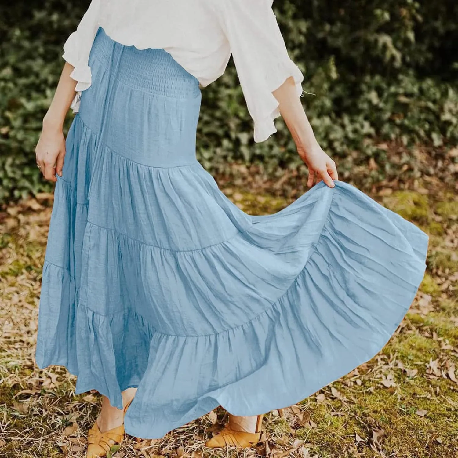 Women's Summer Flowy Boho Maxi Skirt Elastic High Waisted Ruffle Tiered Vacation A Line Flowy Casual Beach Long Skirts