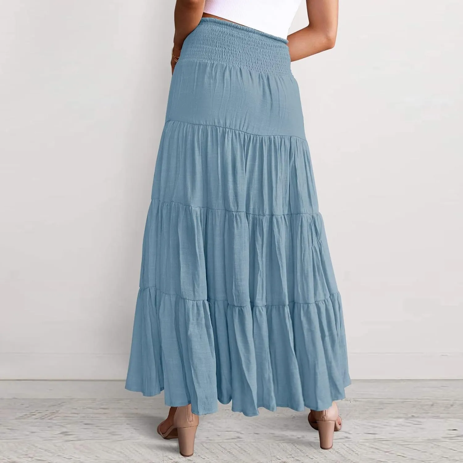 Women's Summer Flowy Boho Maxi Skirt Elastic High Waisted Ruffle Tiered Vacation A Line Flowy Casual Beach Long Skirts