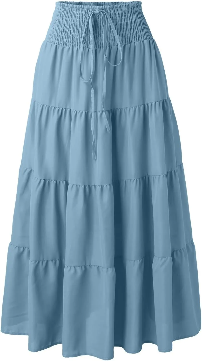 Women's Summer Flowy Boho Maxi Skirt Elastic High Waisted Ruffle Tiered Vacation A Line Flowy Casual Beach Long Skirts