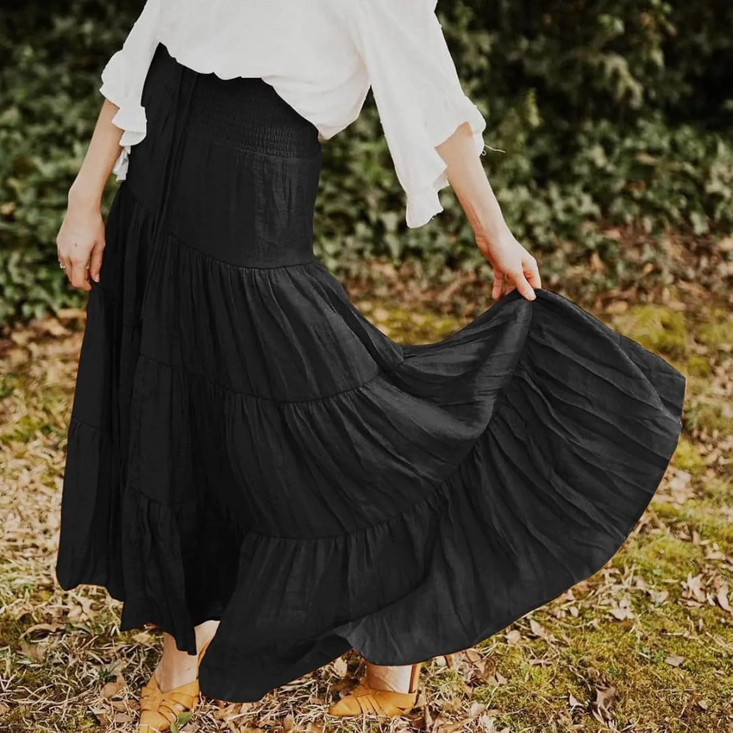 Women's Summer Flowy Boho Maxi Skirt Trendy Drawstring Elastic High Waist Pleated Tiered A Line Beach Long Skirts