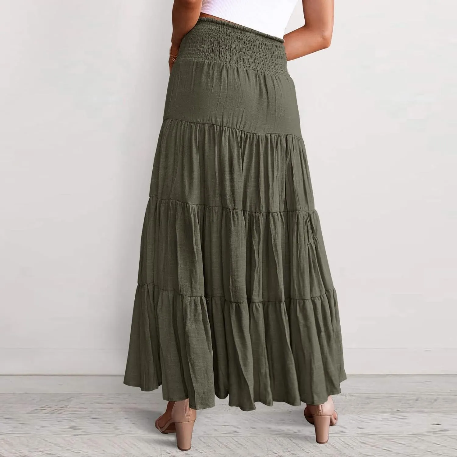 Women's Summer Flowy Boho Maxi Skirt Trendy Drawstring Elastic High Waist Pleated Tiered A Line Beach Long Skirts
