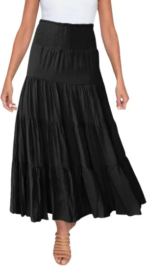 Women's Summer Flowy Boho Maxi Skirt Trendy Drawstring Elastic High Waist Pleated Tiered A Line Beach Long Skirts