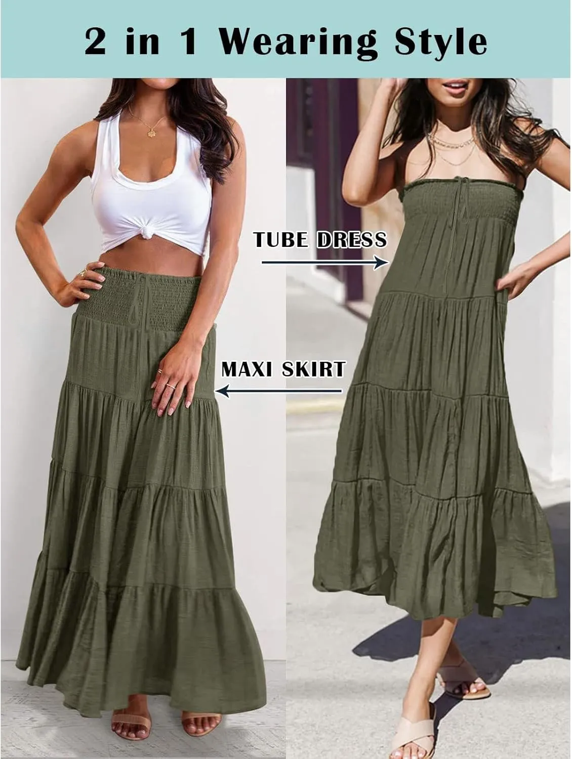 Women's Summer Flowy Boho Maxi Skirt Trendy Drawstring Elastic High Waist Pleated Tiered A Line Beach Long Skirts