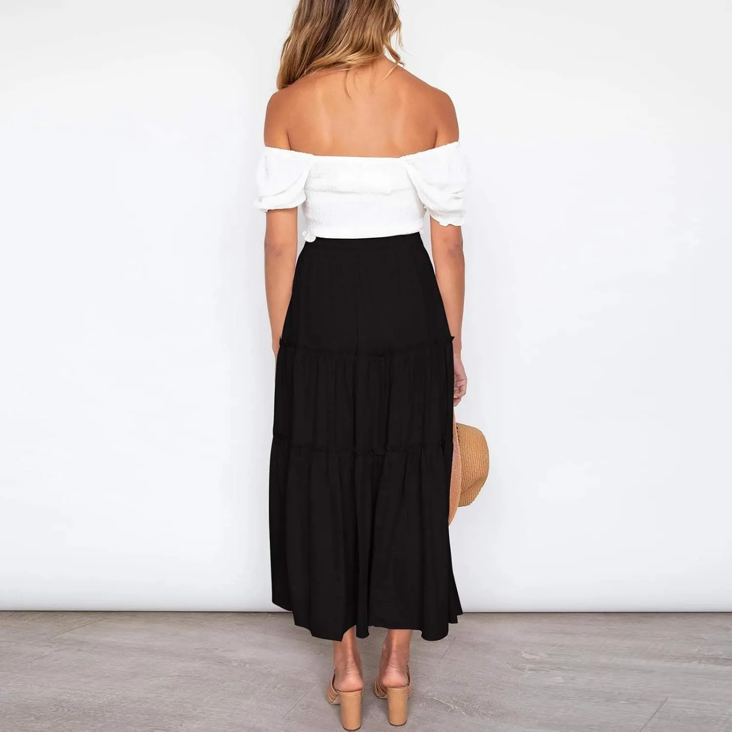 Women's Summer Flowy Boho Maxi Skirt Trendy Drawstring Elastic High Waist Pleated Tiered A Line Beach Long Skirts