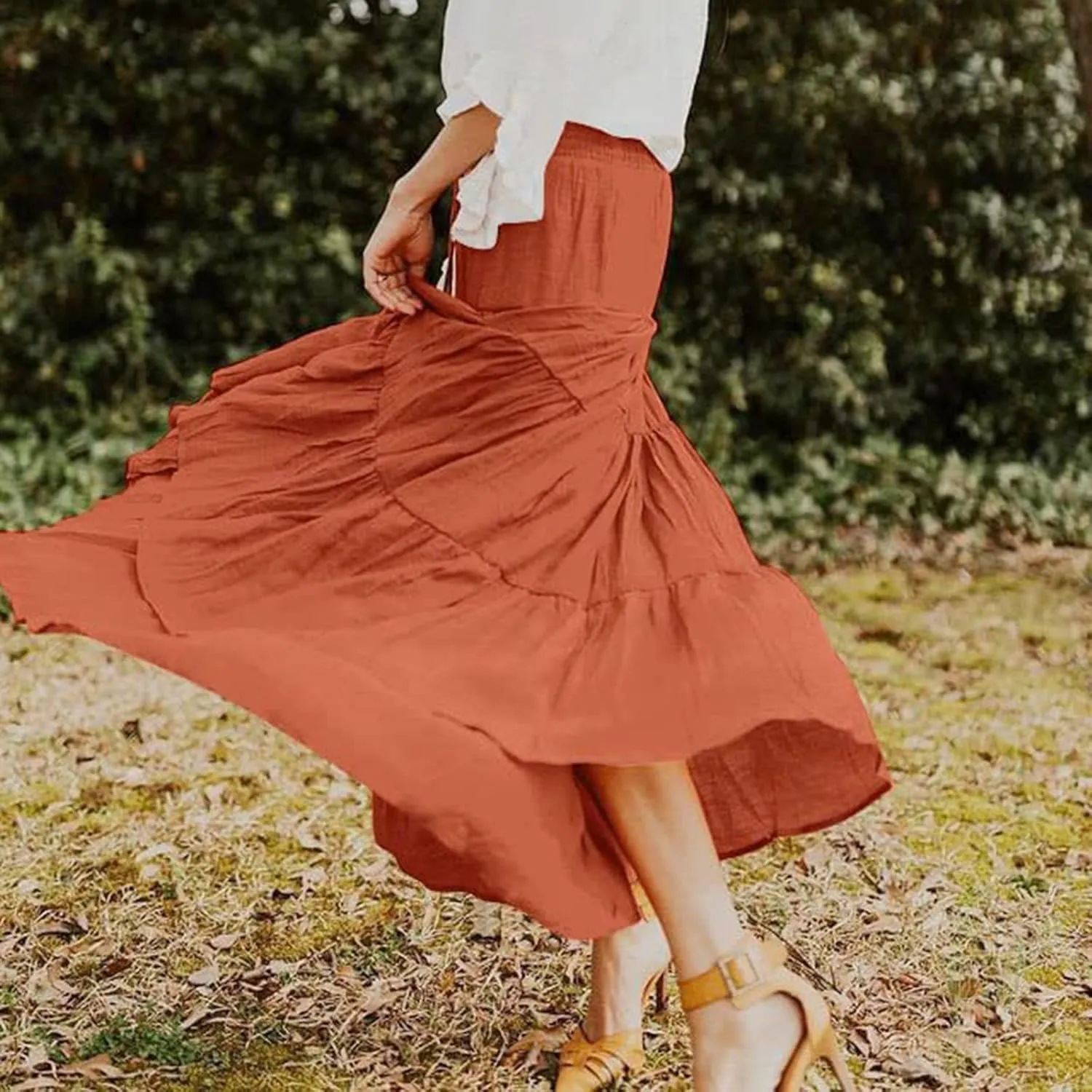 Women's Summer Flowy Boho Maxi Skirt Trendy Drawstring Elastic High Waist Pleated Tiered A Line Beach Long Skirts