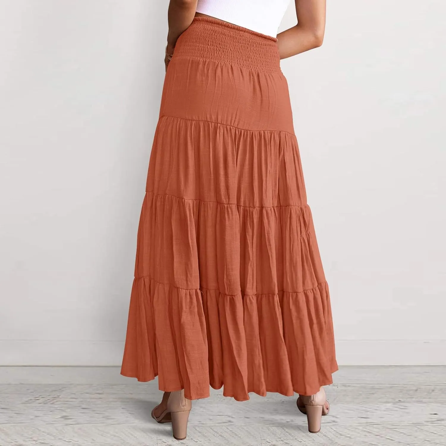 Women's Summer Flowy Boho Maxi Skirt Trendy Drawstring Elastic High Waist Pleated Tiered A Line Beach Long Skirts
