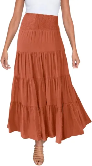 Women's Summer Flowy Boho Maxi Skirt Trendy Drawstring Elastic High Waist Pleated Tiered A Line Beach Long Skirts