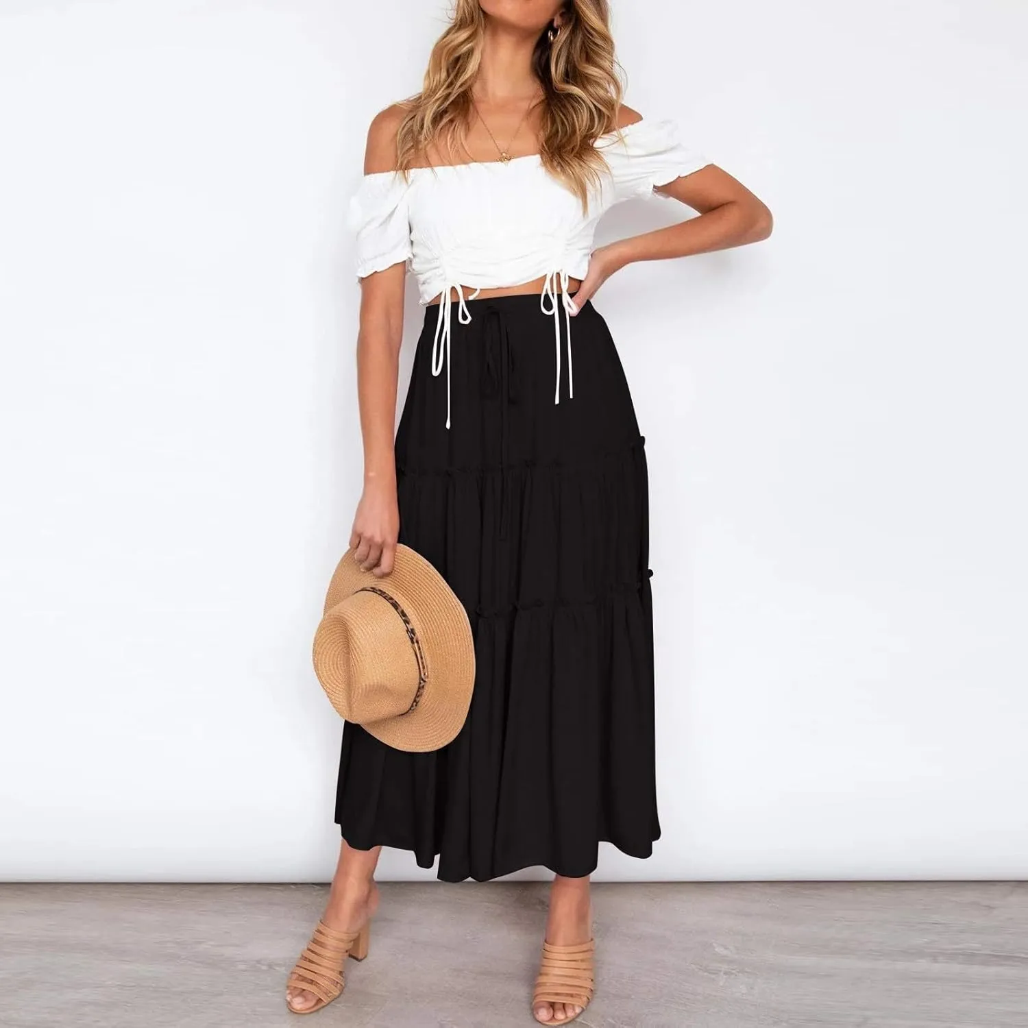 Women's Summer Flowy Boho Maxi Skirt Trendy Drawstring Elastic High Waist Pleated Tiered A Line Beach Long Skirts