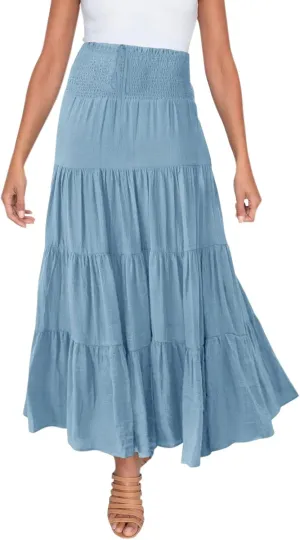 Women's Summer Flowy Boho Maxi Skirt Trendy Drawstring Elastic High Waist Pleated Tiered A Line Beach Long Skirts