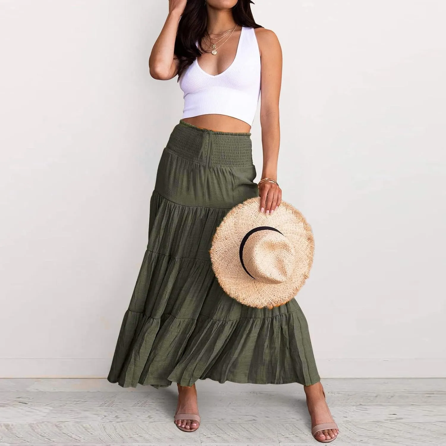 Women's Summer Flowy Boho Maxi Skirt Trendy Drawstring Elastic High Waist Pleated Tiered A Line Beach Long Skirts