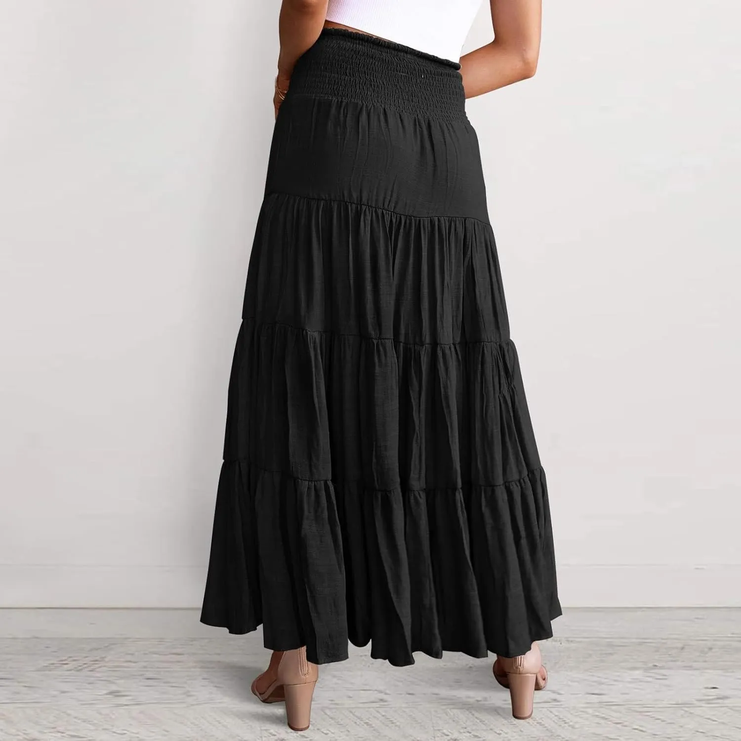 Women's Summer Flowy Boho Maxi Skirt Trendy Drawstring Elastic High Waist Pleated Tiered A Line Beach Long Skirts