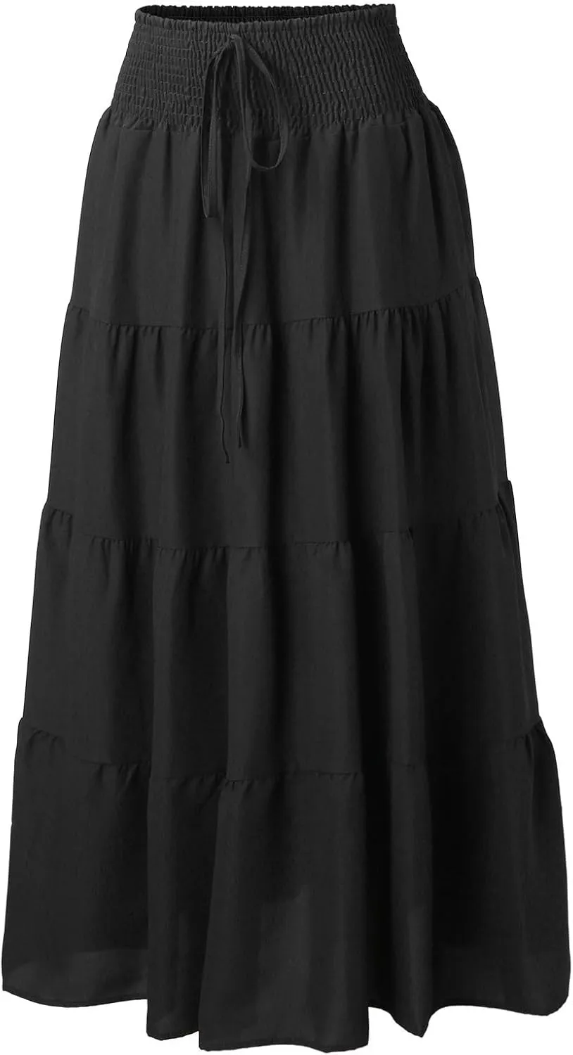 Women's Summer Flowy Boho Maxi Skirt Trendy Drawstring Elastic High Waist Pleated Tiered A Line Beach Long Skirts