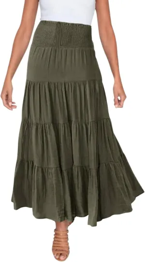 Women's Summer Flowy Boho Maxi Skirt Trendy Drawstring Elastic High Waist Pleated Tiered A Line Beach Long Skirts