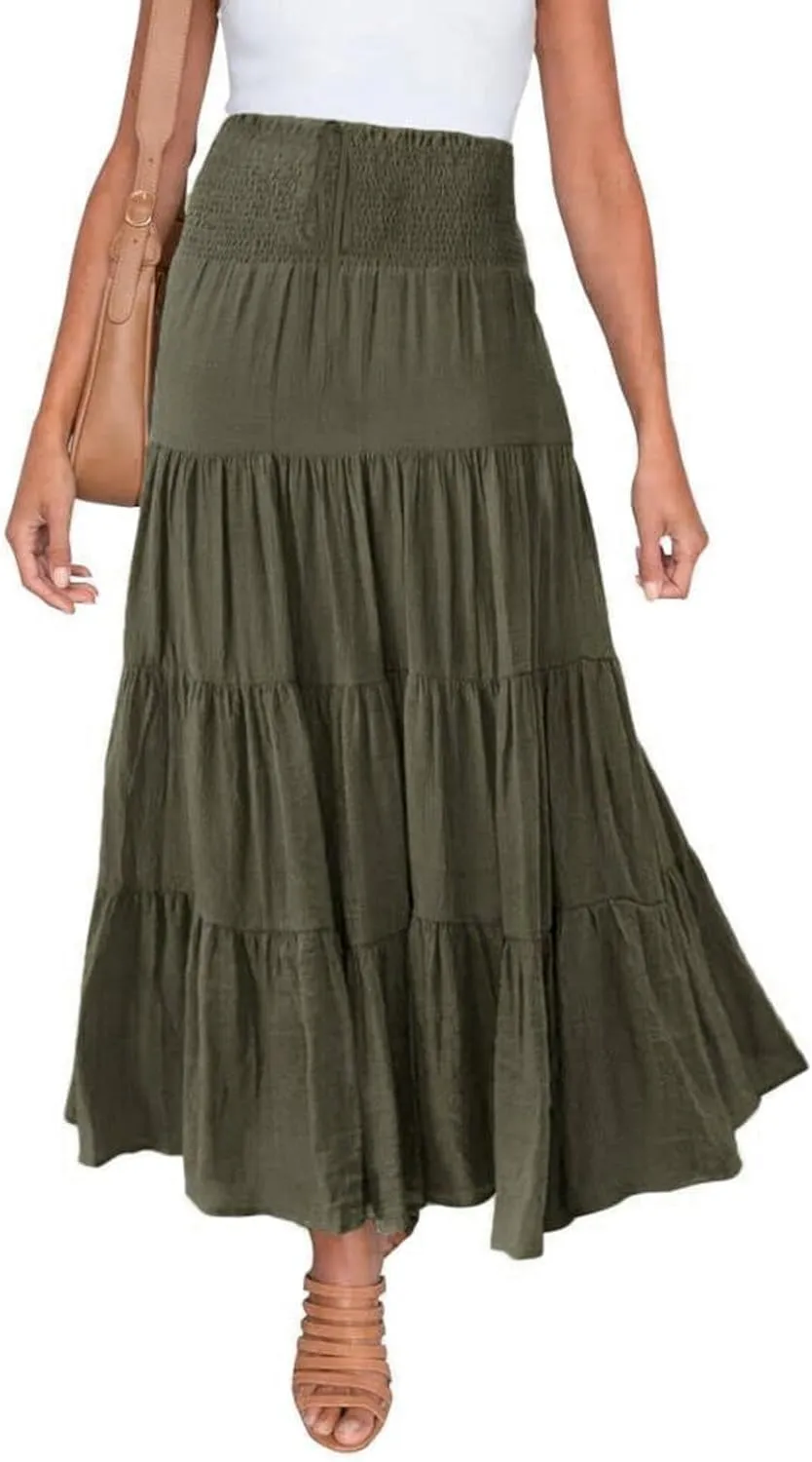 Women's Summer Flowy Boho Maxi Skirt Trendy Drawstring Elastic High Waist Pleated Tiered A Line Beach Long Skirts