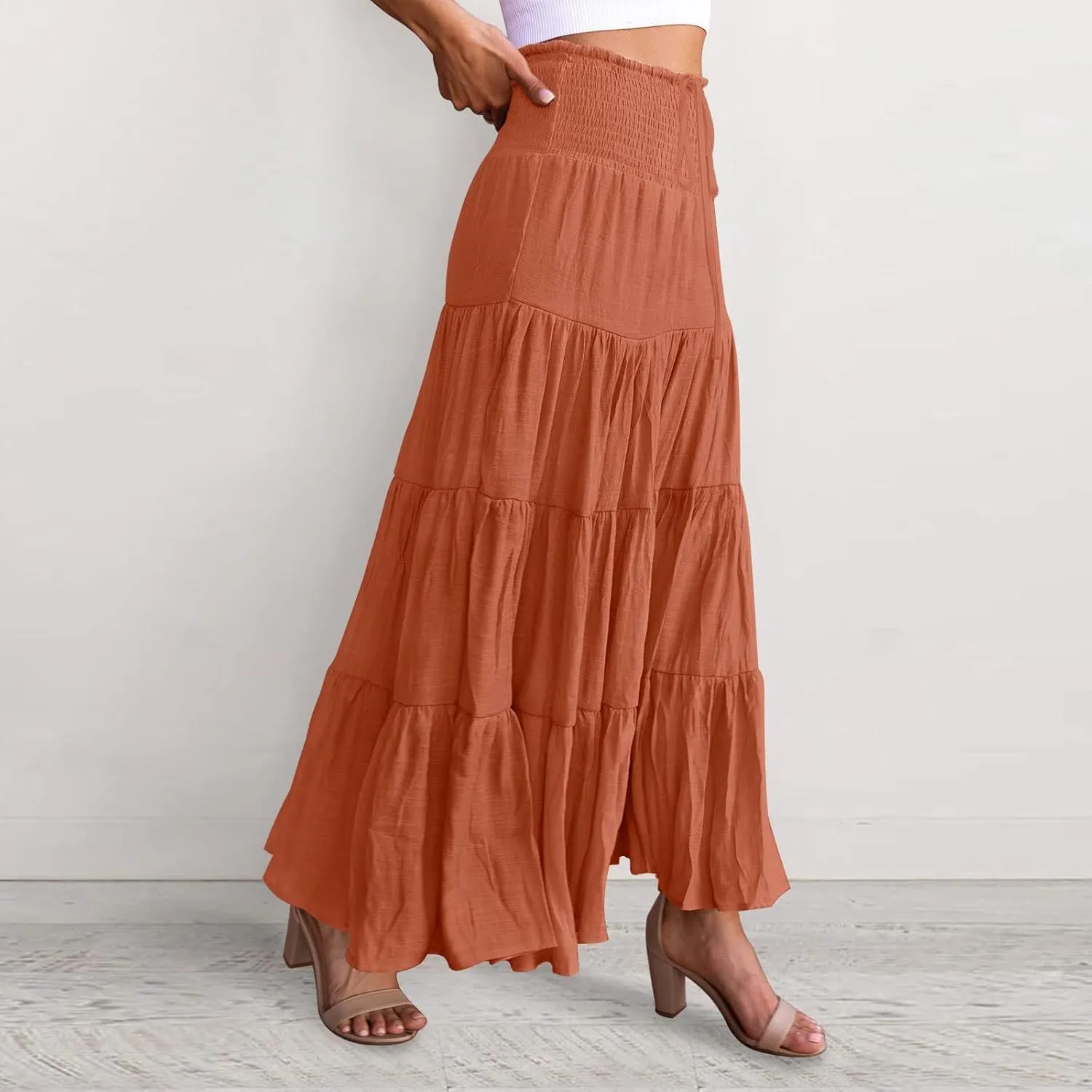 Women's Summer Flowy Boho Maxi Skirt Trendy Drawstring Elastic High Waist Pleated Tiered A Line Beach Long Skirts
