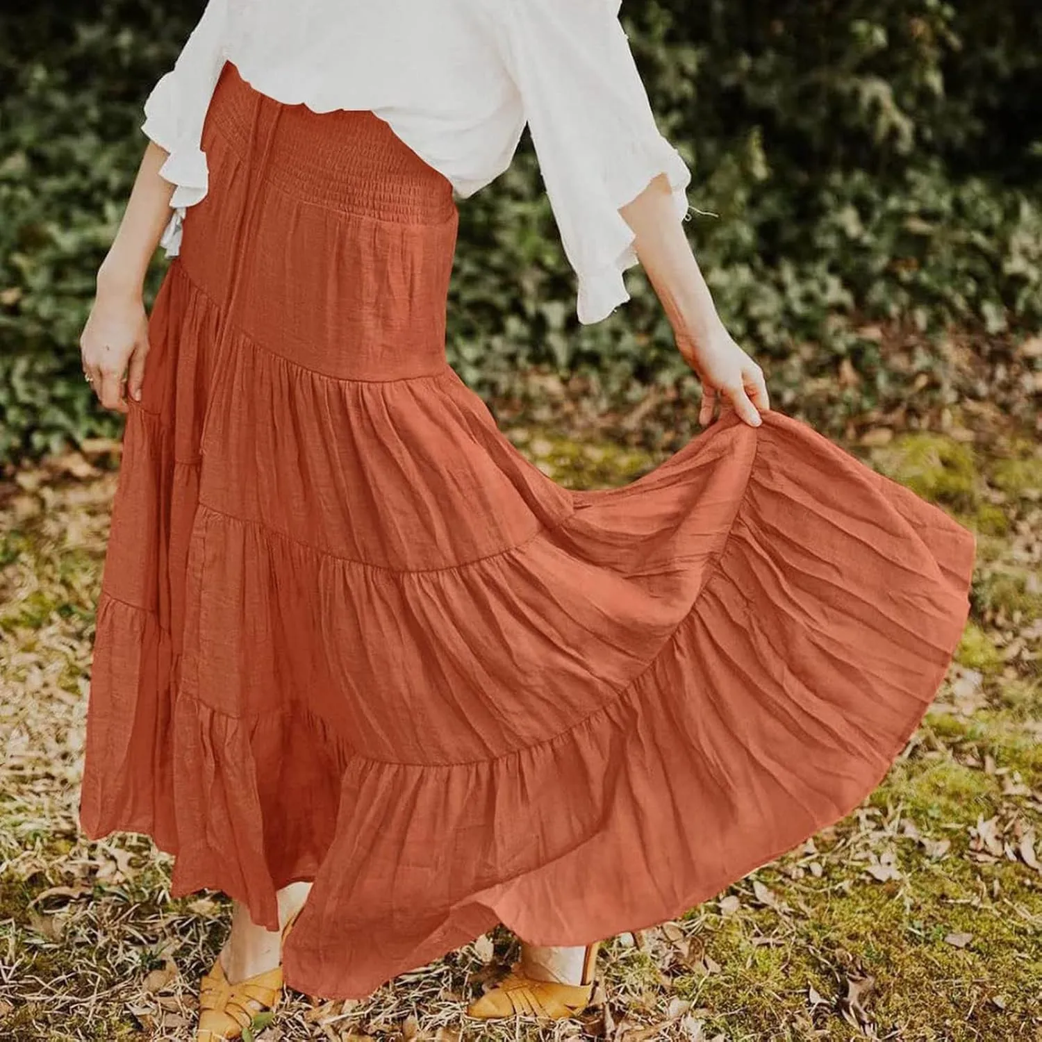 Women's Summer Flowy Boho Maxi Skirt Trendy Drawstring Elastic High Waist Pleated Tiered A Line Beach Long Skirts
