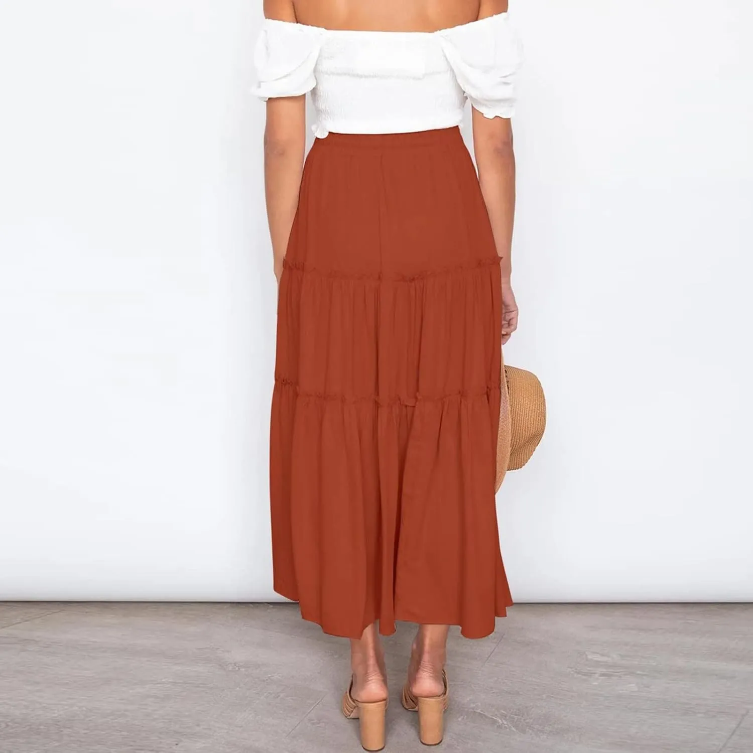 Women's Summer Flowy Boho Maxi Skirt Trendy Drawstring Elastic High Waist Pleated Tiered A Line Beach Long Skirts