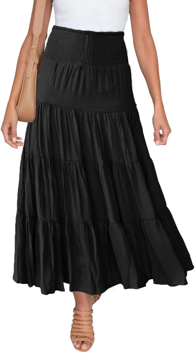 Women's Summer Flowy Boho Maxi Skirt Trendy Drawstring Elastic High Waist Pleated Tiered A Line Beach Long Skirts