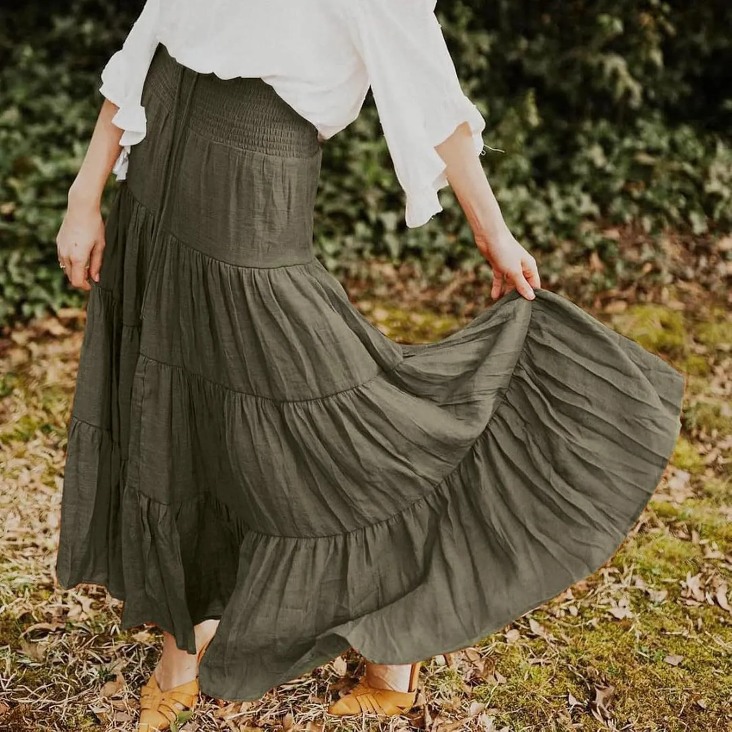 Women's Summer Flowy Boho Maxi Skirt Trendy Drawstring Elastic High Waist Pleated Tiered A Line Beach Long Skirts