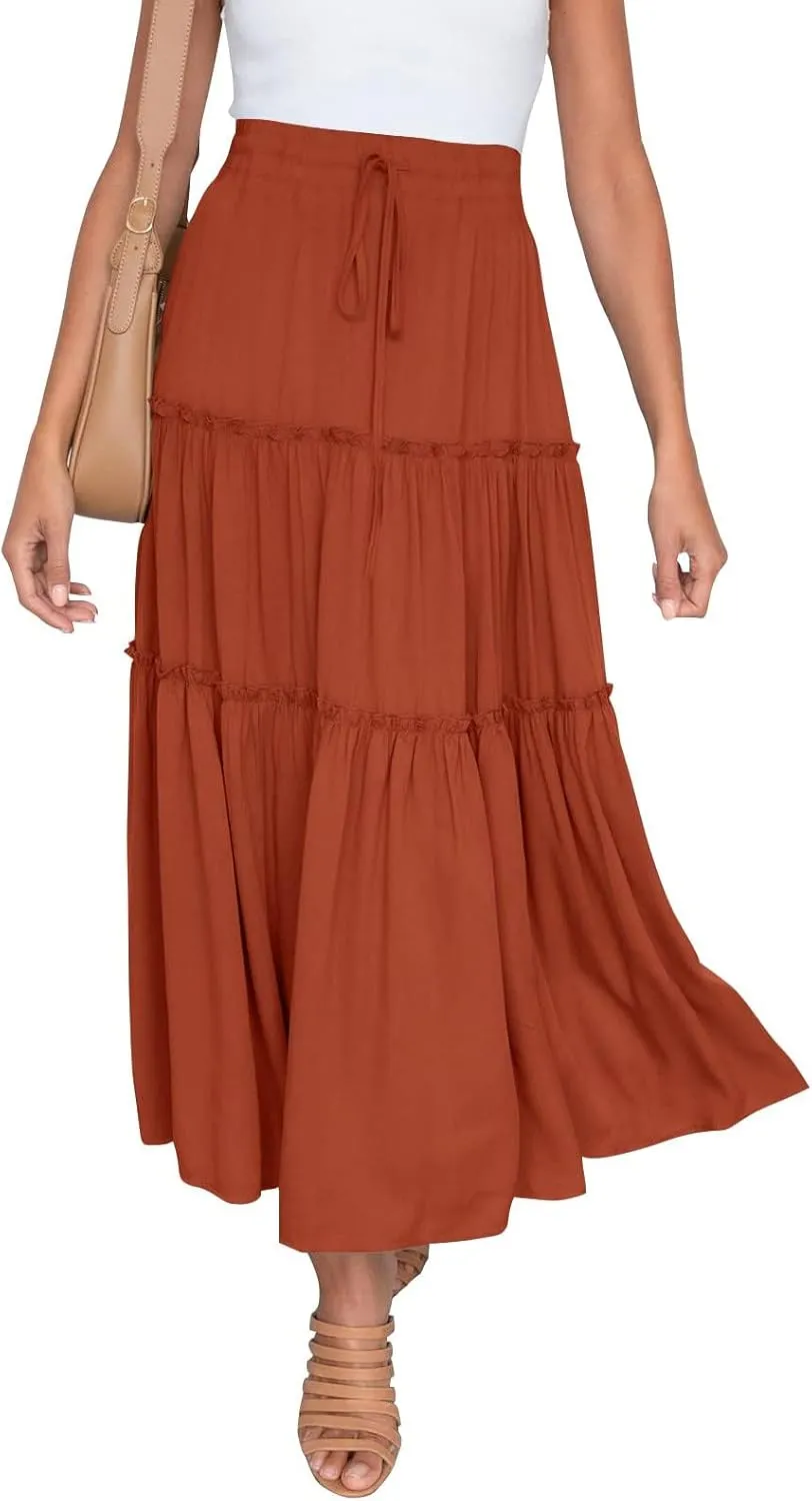 Women's Summer Flowy Boho Maxi Skirt Trendy Drawstring Elastic High Waist Pleated Tiered A Line Beach Long Skirts