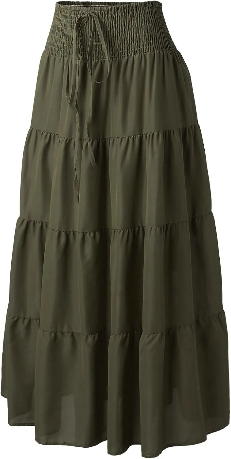 Women's Summer Flowy Boho Maxi Skirt Trendy Drawstring Elastic High Waist Pleated Tiered A Line Beach Long Skirts