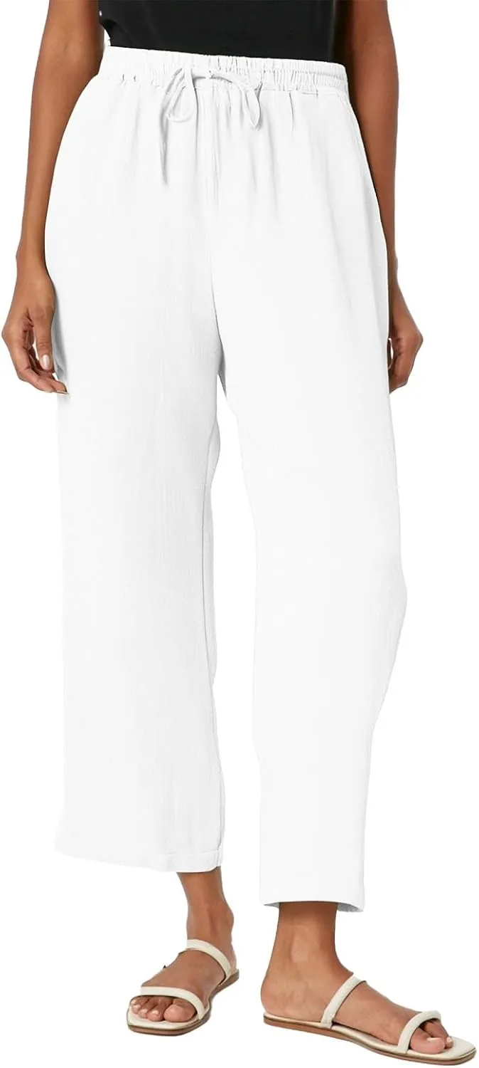 Womens Summer Linen Pants Wide Leg Lightweight High Waisted Drawstring Lounge Pants Beach Trouser with Pockets