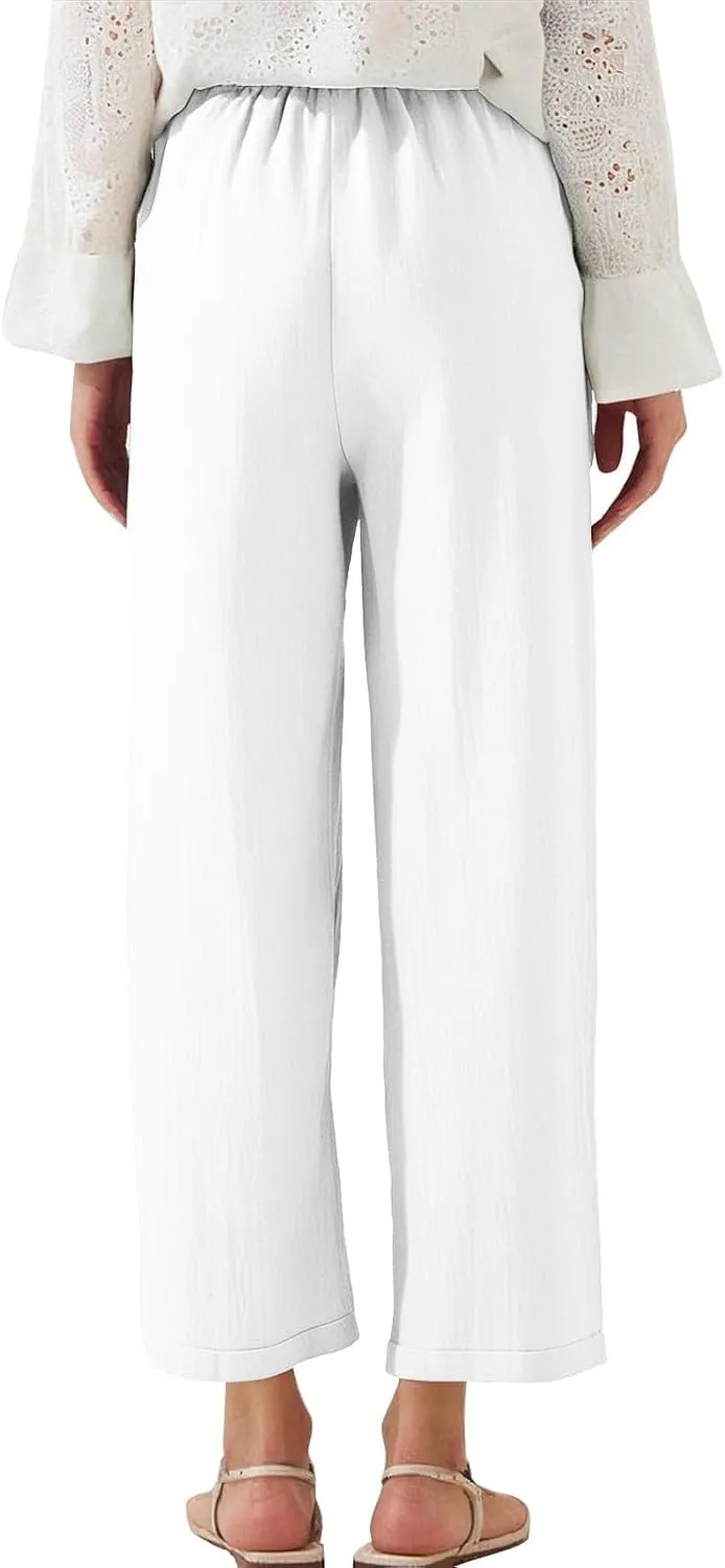 Womens Summer Linen Pants Wide Leg Lightweight High Waisted Drawstring Lounge Pants Beach Trouser with Pockets